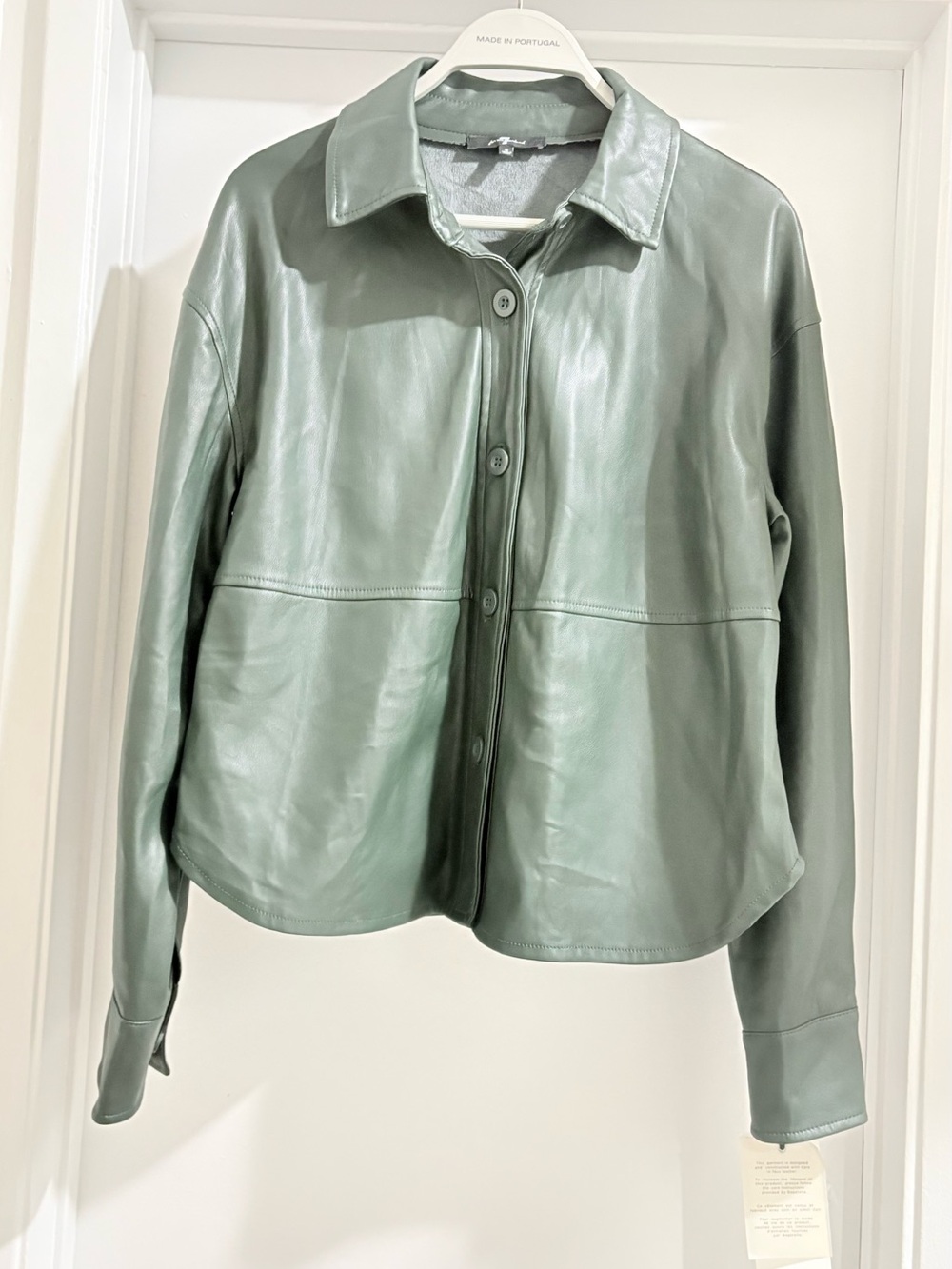 Leather Button-Front Jacket in Sage Green Olive